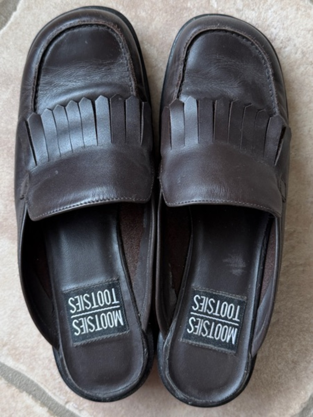 Vintage Mootsie Tootsies Fringe Dark Brown Leather Slide 7